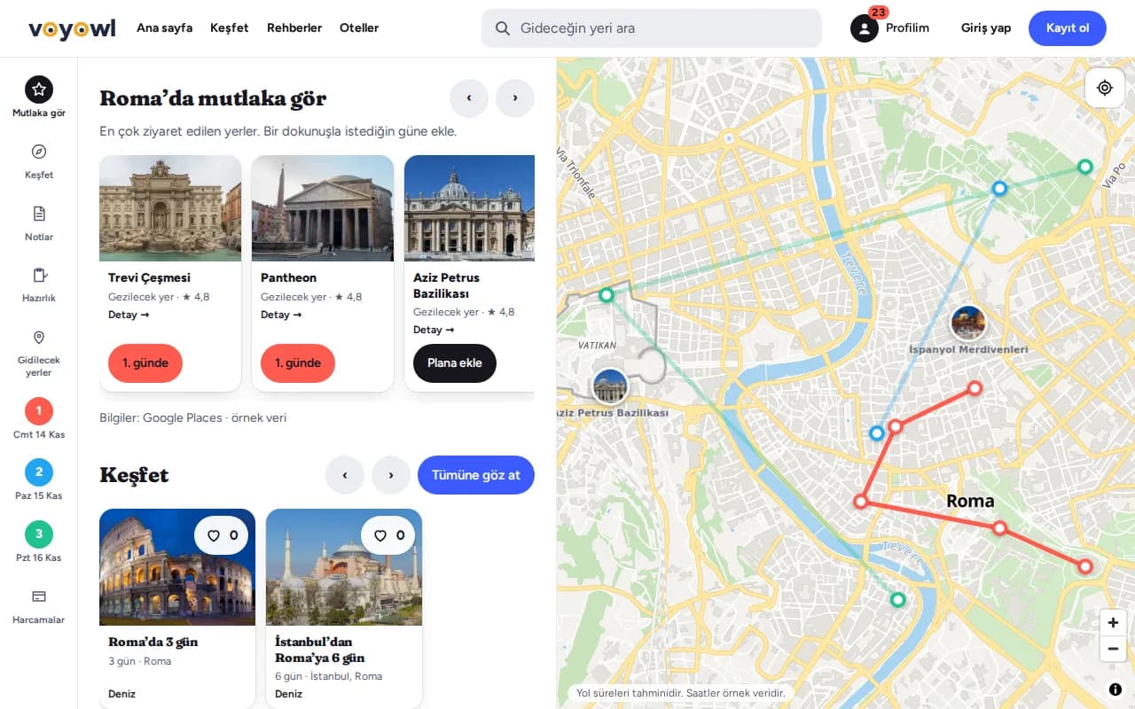 Roma'da mutlaka gör listesi: Trevi Çeşmesi, Pantheon, Aziz Petrus Bazilikası, her birinde güne ekle düğmesi
